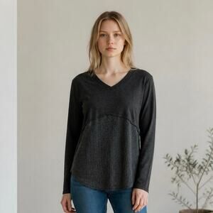 Knox Rose Womens Top Size Large Dark Gray Waffle Knit Strappy Back Long Sleeve